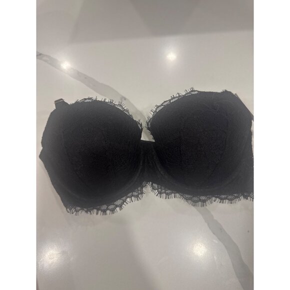 Victorias Secret Black Lightly Lined Strapless Bra 32DD With Lace Trim - Picture 1 of 4